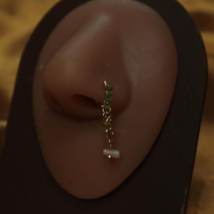 Wire Nose Hoop Green Gems White Charm Bead