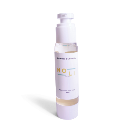 Premium body elixir oil infused with sunflower oil and calendula extract, designed to gently nourish, hydrate, and soothe sensitive skin for a radiant glow.