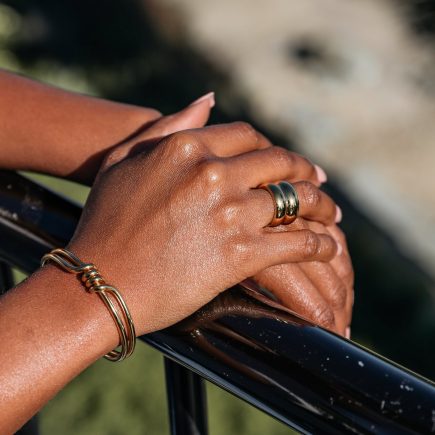 Goals ring on model hand with surrounded bracelet
